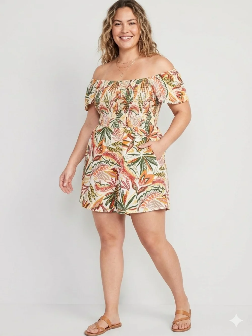 Derek Heart Tropical Smocked Off-Shoulder Romper Plus Size 1X Floral - Picture 1 of 9